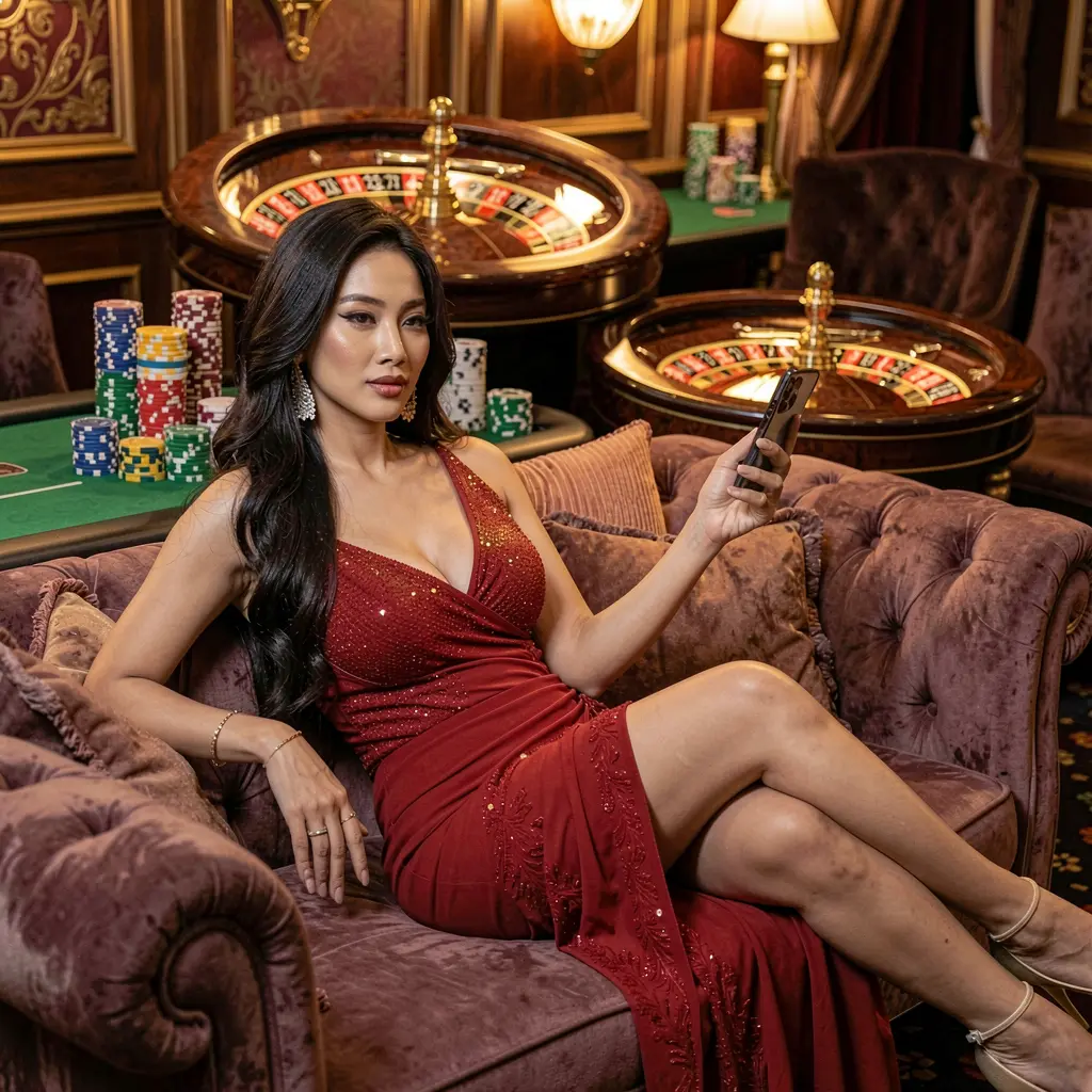 Elegant Indonesian woman using the XR88 mobile casino app in a luxurious golden casino room with a glowing roulette wheel and stacked chips behind her