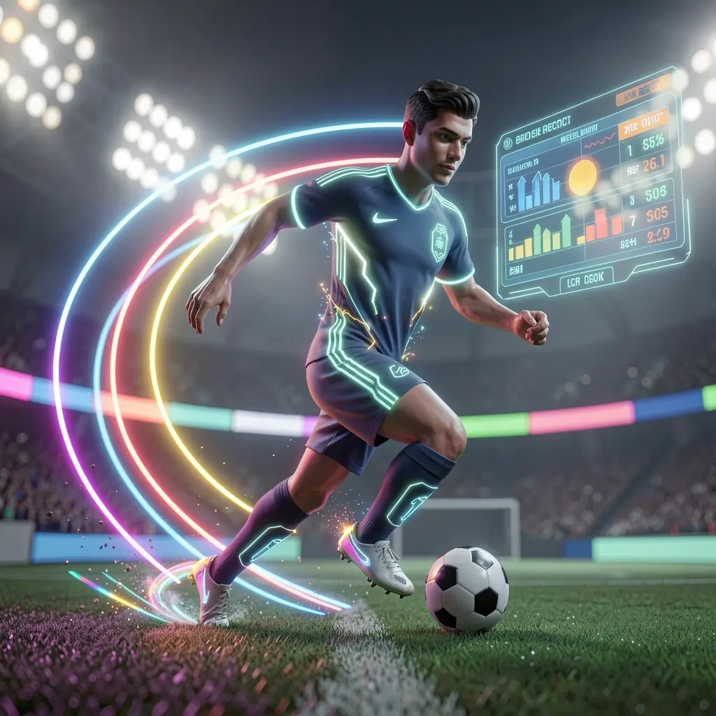 Futuristic soccer player surrounded by glowing digital effects and a transparent betting interface showcasing live match betting on XR88 in Indonesia