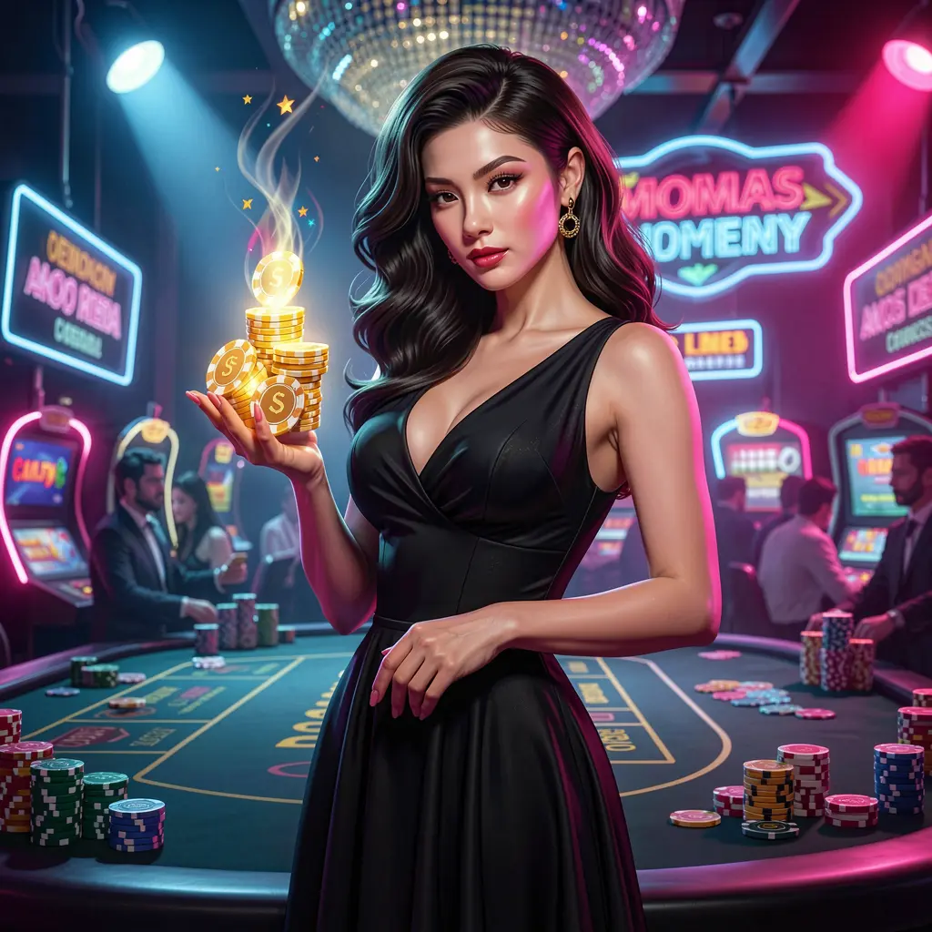 Elegant woman in a black dress holding glowing casino chips in a neon-lit gaming atmosphere representing luxury casino entertainment at XR88 for Indonesia