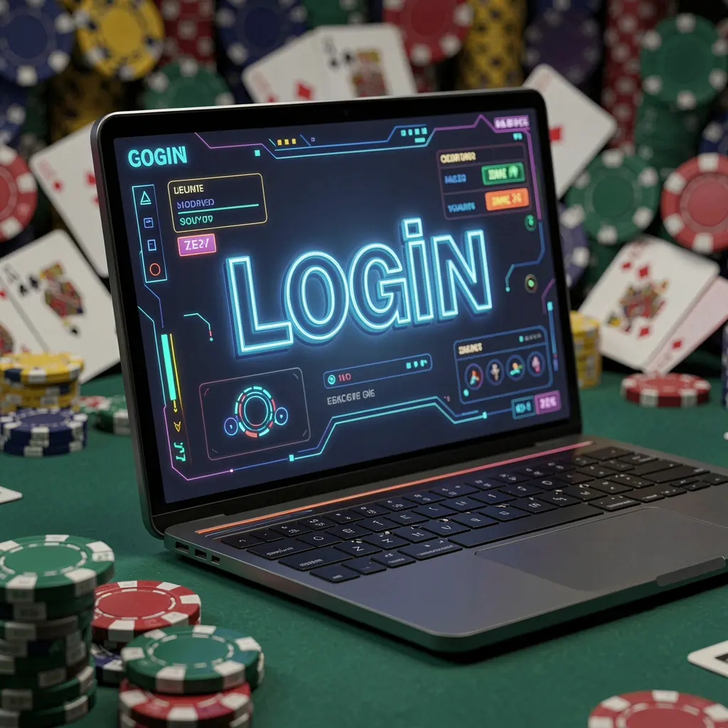 Futuristic laptop with a glowing login screen surrounded by blurred casino chips and cards representing secure access to the XR88 platform in Indonesia